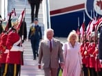 Britain's King Charles III and Britain's Queen Camilla are greeted by an honour guard after arriving at Macdonald-Cartier International Airport in Ottawa, Canada, May 26, 2025.&nbsp;