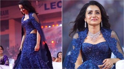 Trisha Krishnan stuns in blue lehenga at Thug Life audio launch. (Instagram/@kj_theshutterbug) Trisha Krishnan stuns in blue lehenga at Thug Life audio launch. (Instagram/@kj_theshutterbug)