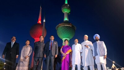 All-party delegation led by Bharatiya Janata Party (BJP) MP Baijayant Panda in a group picture during their visit to the Kuwait Tower, on Monday. (ANI ) All-party delegation led by Bharatiya Janata Party (BJP) MP Baijayant Panda in a group picture during their visit to the Kuwait Tower, on Monday. (ANI )