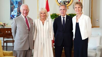 From left, Britain's King Charles, Queen Camilla, Canada's Prime Minister Mark Carney and his wife Diana Fox Carney pose for a family portrait at Rideau Hall in Ottawa, Ontario, during a royal visit Monday, May 26, 2025. AP/PTI(AP05_27_2025_000004A) (AP) From left, Britain's King Charles, Queen Camilla, Canada's Prime Minister Mark Carney and his wife Diana Fox Carney pose for a family portrait at Rideau Hall in Ottawa, Ontario, during a royal visit Monday, May 26, 2025. AP/PTI(AP05_27_2025_000004A) (AP)
