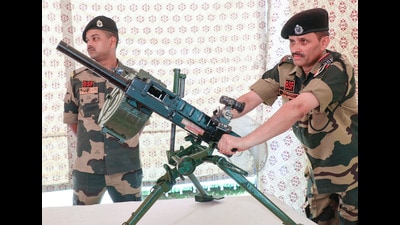 Border Security Force personnel display automatic grenade launcher system used against Pakistan during Operation Sindoor at an exhibition in Jammu on Tuesday. (ANI) Border Security Force personnel display automatic grenade launcher system used against Pakistan during Operation Sindoor at an exhibition in Jammu on Tuesday. (ANI)