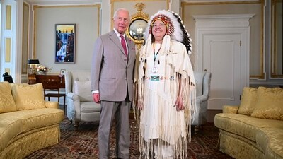 Britain's King Charles III meets with Assembly of First Nations National Chief Cindy Woodhouse at the official residence of the Governor General of Canada, Rideau Hall, in Ottawa on May 27, 2025. (AFP) Britain's King Charles III meets with Assembly of First Nations National Chief Cindy Woodhouse at the official residence of the Governor General of Canada, Rideau Hall, in Ottawa on May 27, 2025. (AFP)