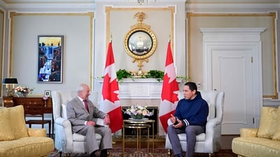 Britain's King Charles III (L) meets with ITK President Natan Obed at the official residence of the Governor General of Canada, Rideau Hall, in Ottawa on May 27, 2025. (AFP) Britain's King Charles III (L) meets with ITK President Natan Obed at the official residence of the Governor General of Canada, Rideau Hall, in Ottawa on May 27, 2025. (AFP)