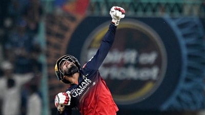 Jitesh Sharma celebrates after finishing the game with a six against LSG. Sharma captained for RCB in their final game with Rajat Patidar missing out, and played a true captain's knock of 85*(33) to take RCB home in a chase of 228. The win ensures RCB will play in qualifier one. (AFP) Jitesh Sharma celebrates after finishing the game with a six against LSG. Sharma captained for RCB in their final game with Rajat Patidar missing out, and played a true captain's knock of 85*(33) to take RCB home in a chase of 228. The win ensures RCB will play in qualifier one. (AFP)