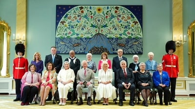 Along with other government officials, Britain's King Charles and Queen Camilla, front center, pose for a photo with Governor-General of Canada Mary Simon, third from left, and her husband Whit Fraser, third from right, along the Viceregal Community at Rideau Hall in Ottawa, Ontario, during a royal visit Monday, May 26, 2025. (Sean Kilpatrick/The Canadian Press via AP) (AP) Along with other government officials, Britain's King Charles and Queen Camilla, front center, pose for a photo with Governor-General of Canada Mary Simon, third from left, and her husband Whit Fraser, third from right, along the Viceregal Community at Rideau Hall in Ottawa, Ontario, during a royal visit Monday, May 26, 2025. (Sean Kilpatrick/The Canadian Press via AP) (AP)
