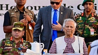 Chief adviser of Bangladesh’s interim government, Muhammad Yunus (right) sits along with army chief Waker-Uz-Zaman. There have been reports of a rift emerging between Bangladesh' government and army. (File/AFP) Chief adviser of Bangladesh’s interim government, Muhammad Yunus (right) sits along with army chief Waker-Uz-Zaman. There have been reports of a rift emerging between Bangladesh' government and army. (File/AFP)