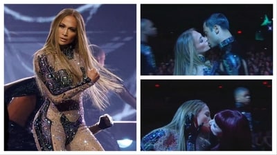 JLo kissing both her male and female dancers during the high-powered performance got everyone talking on social media. JLo kissing both her male and female dancers during the high-powered performance got everyone talking on social media.