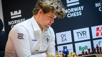 Magnus Carlsen on way to beating world champion D Gukesh in the opening round of the Norway Chess on Monday. (Norway Chess) Magnus Carlsen on way to beating world champion D Gukesh in the opening round of the Norway Chess on Monday. (Norway Chess)