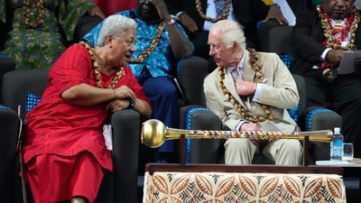 Britain's King Charles, right, and Samoan Prime Minister Afioga Fiamē Naomi Mataʻafa, left, talk during the opening ceremony for the Commonwealth Heads of Government meeting in Apia, Samoa, Oct. 25, 2024. (AP Photo/Rick Rycroft, Pool, File) (AP) Britain's King Charles, right, and Samoan Prime Minister Afioga Fiamē Naomi Mataʻafa, left, talk during the opening ceremony for the Commonwealth Heads of Government meeting in Apia, Samoa, Oct. 25, 2024. (AP Photo/Rick Rycroft, Pool, File) (AP)