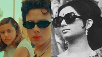 Grace Edwards, Scarlett Johansson and Sharmila Tagore in stills from Asteroid City and Aranyer Din Ratri. Grace Edwards, Scarlett Johansson and Sharmila Tagore in stills from Asteroid City and Aranyer Din Ratri.
