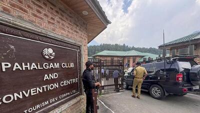 Security personnel keep vigil as Jammu and Kashmir chief minister Omar Abdullah reaches Pahalgam Club and Convention Centre to hold special cabinet meeting in Anantnag district on Tuesday. (PTI Photo)