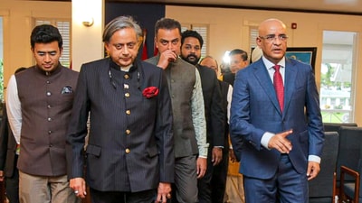 A multi-party delegation led by Congress MP Shashi Tharoor during a meeting with Guyana Vice President Bharrat Jagdeo, in Guyana. (PTI) A multi-party delegation led by Congress MP Shashi Tharoor during a meeting with Guyana Vice President Bharrat Jagdeo, in Guyana. (PTI)