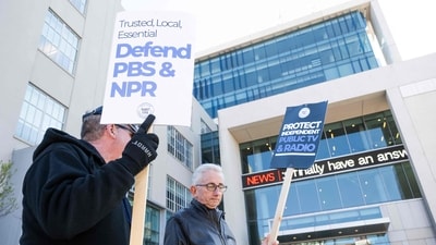 People participate in a rally to call on Congress to protect funding for US public broadcasters, Public Broadcasting Service (PBS) and National Public Radio (NPR), outside the NPR headquarters in Washington, DC, on March 26, 2025. (AFP) People participate in a rally to call on Congress to protect funding for US public broadcasters, Public Broadcasting Service (PBS) and National Public Radio (NPR), outside the NPR headquarters in Washington, DC, on March 26, 2025. (AFP)