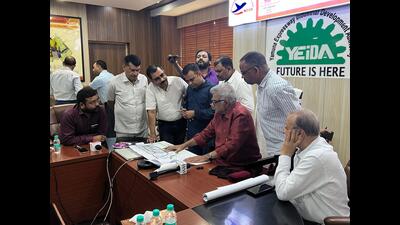 YEIDA officials reviewing layout plan of the Int’l Film City submitted by Bayview Projects LLP on Tuesday. (Sourced) YEIDA officials reviewing layout plan of the Int’l Film City submitted by Bayview Projects LLP on Tuesday. (Sourced)