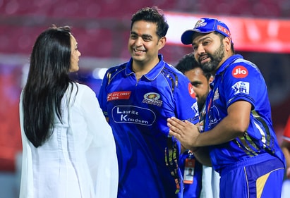 Punjab Kings' co-owner Preity Zinta with Akash Ambani, son of Mumbai Indians' owner Nita Ambani, and Mumbai Indians' player Rohit Sharma after Punjab won the Indian Premier League (IPL) (PTI) Punjab Kings' co-owner Preity Zinta with Akash Ambani, son of Mumbai Indians' owner Nita Ambani, and Mumbai Indians' player Rohit Sharma after Punjab won the Indian Premier League (IPL) (PTI)