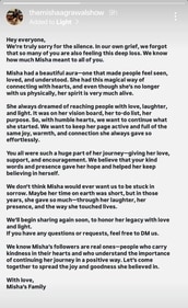 Misha Agrawal's family on Tuesday announced they would begin posting again on her social media accounts (Instagram) Misha Agrawal's family on Tuesday announced they would begin posting again on her social media accounts (Instagram)