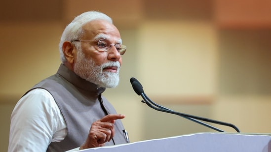 Prime Minister Narendra Modi addresses during the celebration of 20 years of Gujarat's Urban Growth Story and launch of 'Urban Development Year, 2025', in Gandhinagar, Tuesday, May 27, 2025. (PTI)