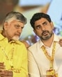 Andhra Pradesh Chief Minister N Chandrababu Naidu with Minister Nara Lokesh during their party conclave- TDP Mahanadu. (PTI)