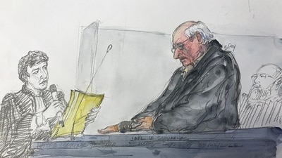 This court sketch shows lawyer Maxime Tessier (L) and retired French surgeon Joel Le Scouarnec during the trial of Le Scouarnec on charges of assaulting or raping 299 patients, at the Criminal Court in Vannes. (AFP) This court sketch shows lawyer Maxime Tessier (L) and retired French surgeon Joel Le Scouarnec during the trial of Le Scouarnec on charges of assaulting or raping 299 patients, at the Criminal Court in Vannes. (AFP)