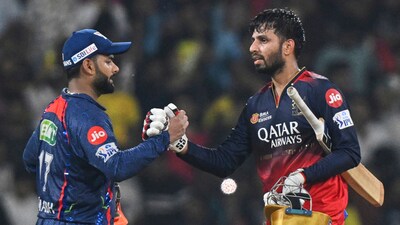 Royal Challengers Bengaluru's Jitesh Sharma shake hands with Lucknow Super Giants' captain Rishabh Pant (AP) Royal Challengers Bengaluru's Jitesh Sharma shake hands with Lucknow Super Giants' captain Rishabh Pant (AP)
