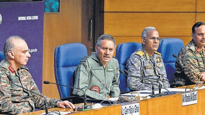 Lieutenant General Rajiv Ghai, Air Marshal AK Bharti, Vice Admiral AN Pramod and Major General SS Sharda during the press conference on Operation Sindoor. (ANI) Lieutenant General Rajiv Ghai, Air Marshal AK Bharti, Vice Admiral AN Pramod and Major General SS Sharda during the press conference on Operation Sindoor. (ANI)
