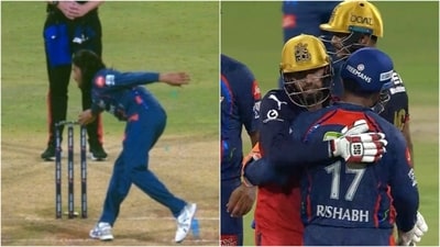 Digvesh Rathi attempts to run Jitesh Sharma out at the non-striker's end (X) Digvesh Rathi attempts to run Jitesh Sharma out at the non-striker's end (X)