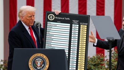 US President Donald Trump holds a chart next to US Secretary of Commerce Howard Lutnick as Trump delivers remarks on tariffs in the Rose Garden at the White House in Washington on April 2. (REUTERS FILE)