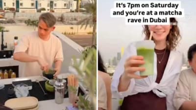The video showed people swaying to music while sipping matcha drinks on a rooftop. (Instagram/timeoutdubai) The video showed people swaying to music while sipping matcha drinks on a rooftop. (Instagram/timeoutdubai)