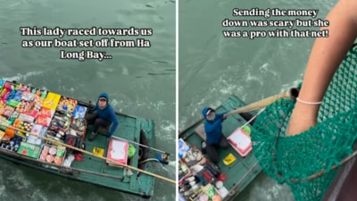 Her seamless service from boat to boat left social media users amused and amazed. (Instagram/mumpacktravel) Her seamless service from boat to boat left social media users amused and amazed. (Instagram/mumpacktravel)