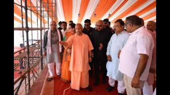CM Yogi Adityanath inspecting the public meeting venue for the PM proposed programme in Kanpur. (Sourced)