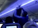 This image taken from video provided by TMX shows a passenger attempting to catch a pigeon flying inside the cabin of a commercial plane, in Minneapolis, Saturday, May 24, 2025. (TMX via AP)