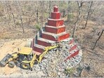 A Maoist memorial being demolished at Tamil Batti village in Bijapur district of Chhattisgarh.HT PHOTO A Maoist memorial being demolished at Tamil Batti village in Bijapur district of Chhattisgarh.HT PHOTO