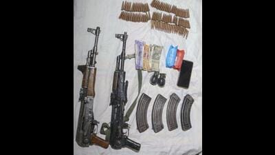 Arms and ammunition, recovered during a joint search operation by the army, J&K Police and CRPF personnel at Chhachhawal, in Shopian of J&K. (PTI)