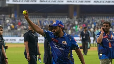 Rohit Sharma interacts with the crowd after MI's last game at Wankhede Stadium in IPL 2025. (AP) Rohit Sharma interacts with the crowd after MI's last game at Wankhede Stadium in IPL 2025. (AP)