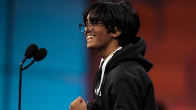 Faizan Zaki, 13, of Dallas, Texas celebrates after correctly spelling his word in the semifinals of the 2025 Scripps National Spelling Bee at the Gaylord National Resort and Convention Center on May 28, 2025 in National Harbor, (Getty Images via AFP)