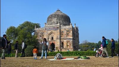 The garden is located between Lodhi Road, Amrita Shergill Marg and Max Muller Marg, and hosts four monuments—the tomb of Mohammad Shah, Bada Gumbad, Sheesh Gumbad and the tomb of Sikandar Shah. (HT Archive)