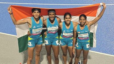 The women’s relay quartet of Rupal Chaudhary, Subha Venkatesan Jisna Mathew, Rajitha Kunja clinched gold in 4x400m relay event at the Asian Athletics Championship 2025. (AFI) The women’s relay quartet of Rupal Chaudhary, Subha Venkatesan Jisna Mathew, Rajitha Kunja clinched gold in 4x400m relay event at the Asian Athletics Championship 2025. (AFI)