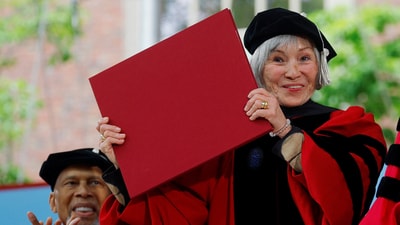 Professor Elaine Kim reacts to her honorary Doctor of Laws degree during Harvard University's 374th Commencement Exercises in Cambridge, Massachusetts, U.S., May 29, 2025.   REUTERS/Brian Snyder (REUTERS)