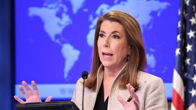 U.S. State Department spokesperson Tammy Bruce speaks during her first press briefing at the State Department in Washington, D.C. (REUTERS File)