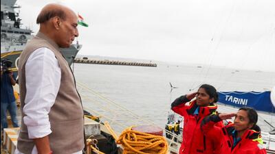 Union defence minister Rajnath Singh on Thursday met two Indian Navy women officers (Indian Navy) Union defence minister Rajnath Singh on Thursday met two Indian Navy women officers (Indian Navy)