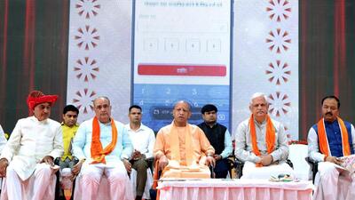 Uttar Pradesh chief minister Yogi Adityanath and BJP national general secretary (organisation) BL Santosh at an event held in connection with the tricentenary of Ahilyabai Holkar, in Lucknow on Thursday. (ANI PHOTO) Uttar Pradesh chief minister Yogi Adityanath and BJP national general secretary (organisation) BL Santosh at an event held in connection with the tricentenary of Ahilyabai Holkar, in Lucknow on Thursday. (ANI PHOTO)