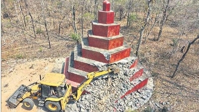 A Maoist memorial being demolished at Tamil Batti village in Bijapur district of Chhattisgarh.HT PHOTO (HT) A Maoist memorial being demolished at Tamil Batti village in Bijapur district of Chhattisgarh.HT PHOTO (HT)