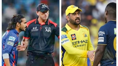 Digvesh Rathi arguing with Abhishek Sharma; MS Dhoni with Sherfane Rutherford