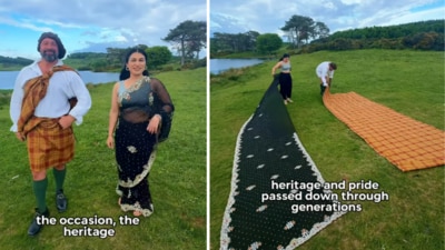 The duo showcased how the kilt and saree are traditionally worn, celebrating the deep cultural significance behind each. (Instagram/andythehighlander)
