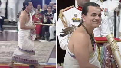 The Vedic guru accepted the honour, wearing a white dhoti, tilak, and barefoot. (YouTube/PresidentofIndia) The Vedic guru accepted the honour, wearing a white dhoti, tilak, and barefoot. (YouTube/PresidentofIndia)