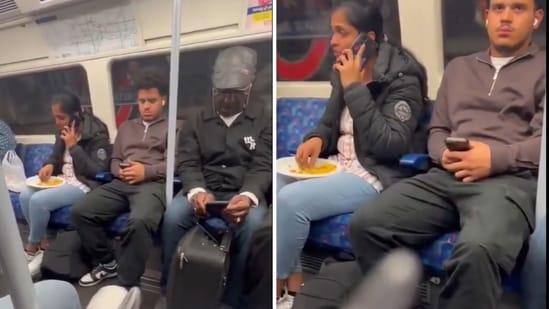 A woman in London was spotted eating with bare hands and talking on the phone. (Screengrab (X))
