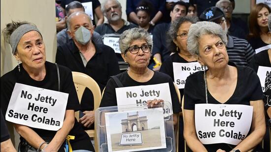 Mumbai, India - April 5, 2025: Residents of Colaba gathered to oppose proposed construction of a passenger/VVIP jetty between the Radio Club, near Gateway Of India in Mumbai, India, on Saturday, April 5, 2025. (Photo by Anshuman Poyrekar/ Hindustan Times) (Hindustan Times)