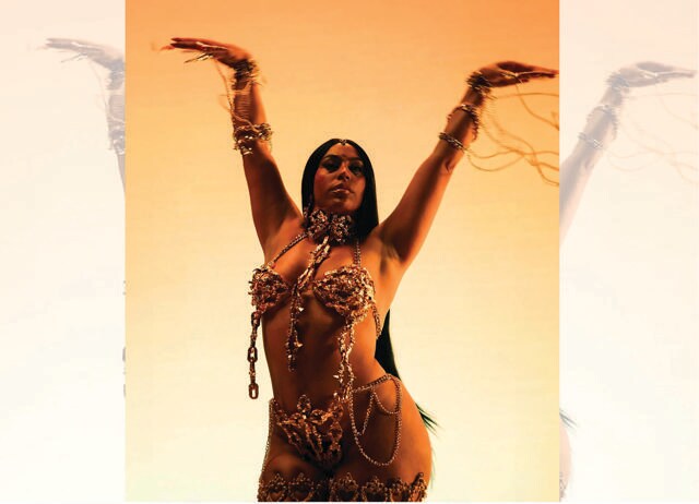 Designer Angelis Blade created a custom, sculpted gold set for the singer’s Fire in Delhi video. (Instagram/@BombayMami) Designer Angelis Blade created a custom, sculpted gold set for the singer’s Fire in Delhi video. (Instagram/@BombayMami)