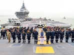 Union Defence Minister Rajnath Singh, Chief of the Naval Staff (CNS) Admiral Dinesh K Tripathi and others during an interaction aboard aircraft carrier INS Vikrant off Goa. Union Defence Minister Rajnath Singh, Chief of the Naval Staff (CNS) Admiral Dinesh K Tripathi and others during an interaction aboard aircraft carrier INS Vikrant off Goa.