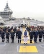 Union defence minister Rajnath Singh (centre), Chief of the Naval Staff Admiral Dinesh K Tripathi and others aboard aircraft carrier INS Vikrant off Goa. (Defence ministry) Union defence minister Rajnath Singh (centre), Chief of the Naval Staff Admiral Dinesh K Tripathi and others aboard aircraft carrier INS Vikrant off Goa. (Defence ministry)